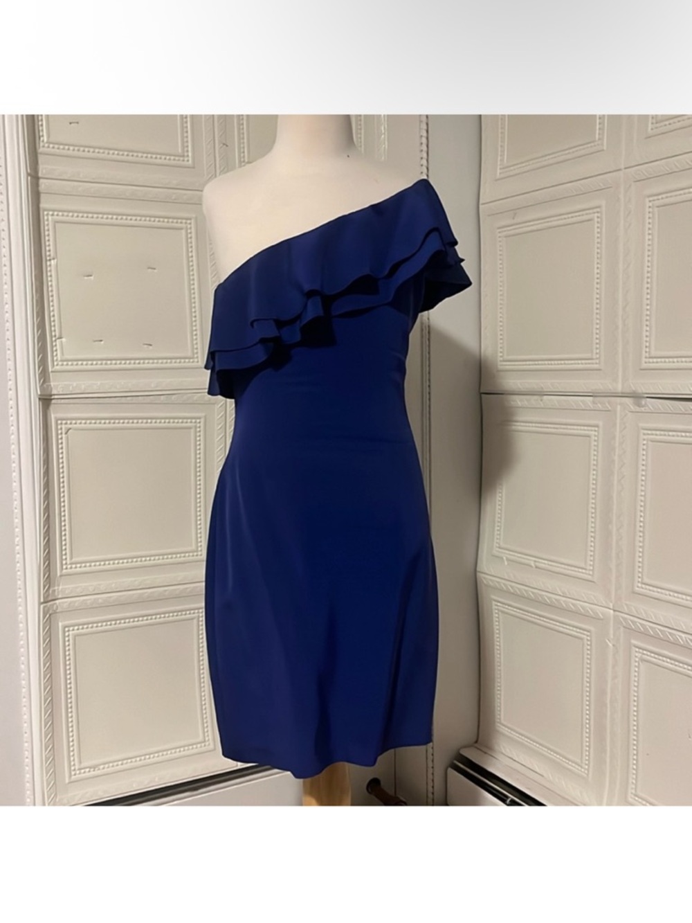 Royal Blue One Shoulder Ruffle Asymmetrical Dress - Picture 6 of 7